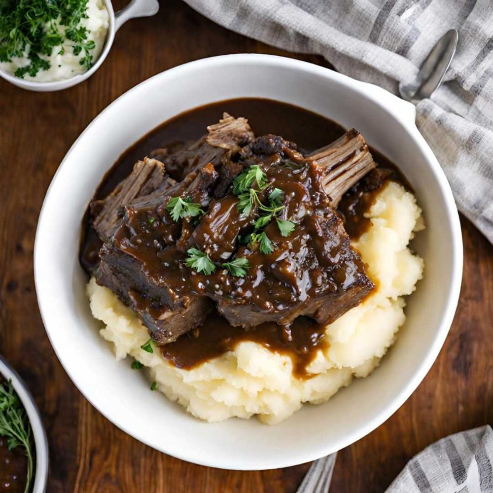 Tender beef short ribs with brown gravy over mashed potatoes